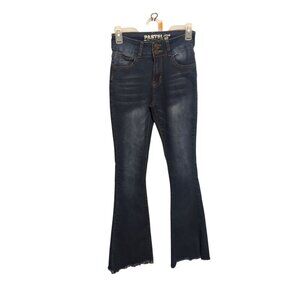 Pastel Jeans Womens 3/4 Blue Mid Rise Bootcut Flare Stretch Denim Raw Hem